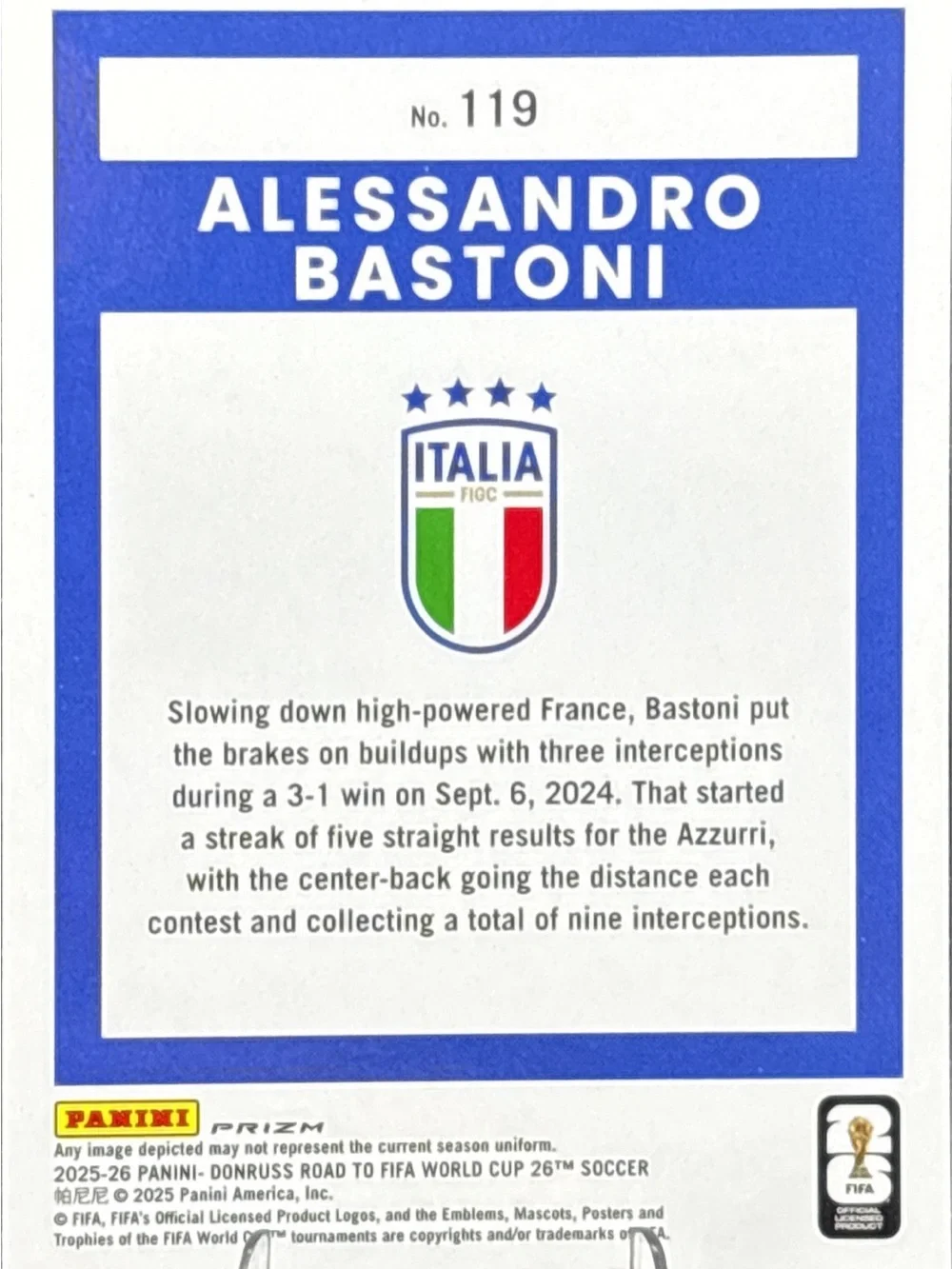 Panini Alessandro Bastoni FIFA World Cup Trading Card - Refractor